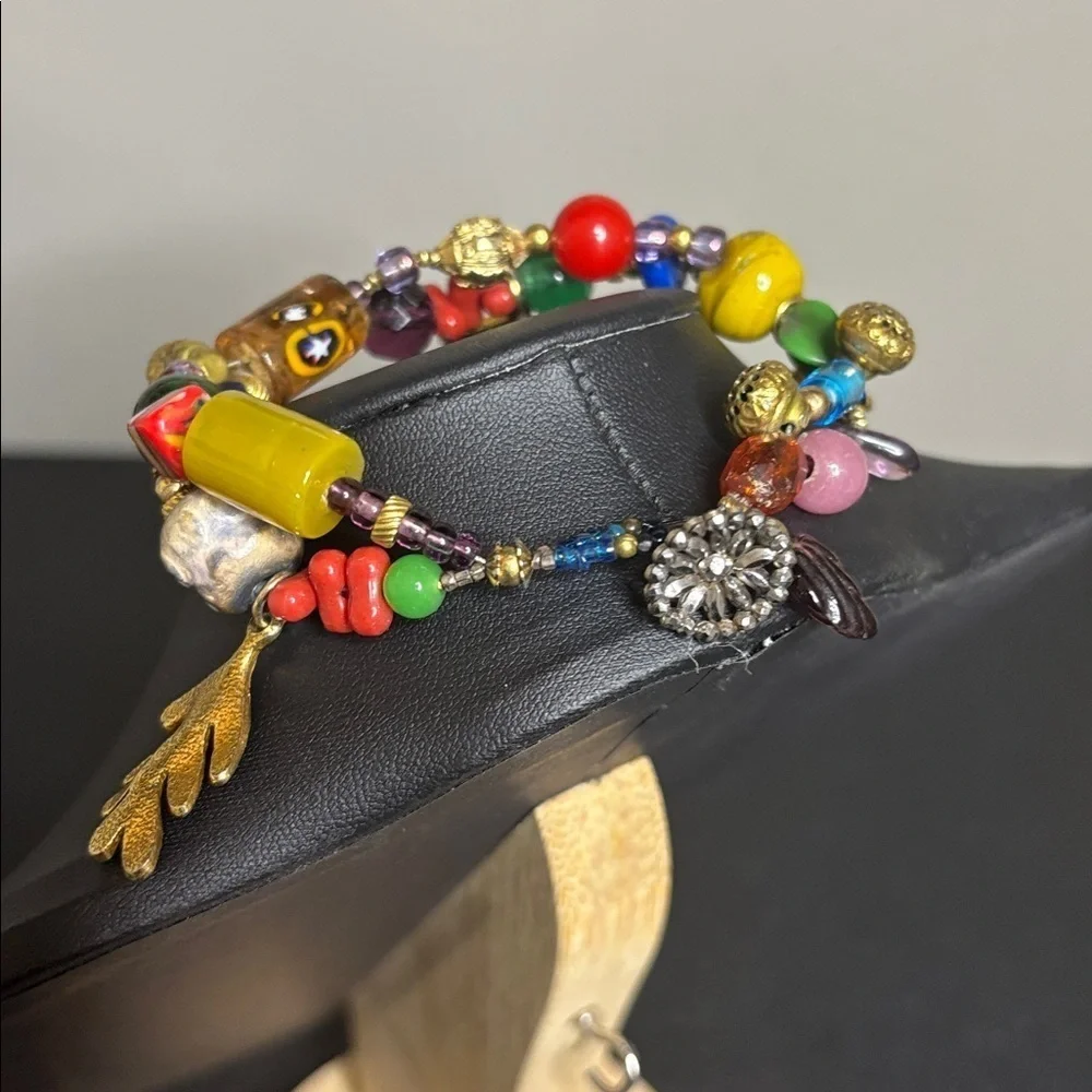 Handmade Glass Murano Colorful Beaded Bracelet with Gold Leaf Charm Accents